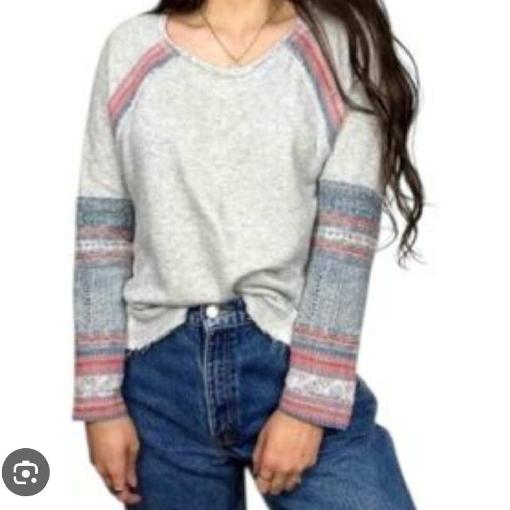 Free People Aztec Southwestern Mixed Fabric Sweatshirt Distressed